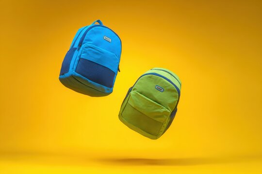 Two vibrant neon green and blue backpacks floating in the air isolated on yellow background. Colorful school bags are suspending mid-air. Dynamic movement composition. product presentation, playtime - Powered by Adobe
