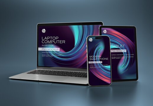 Mobile Phone, Laptop and Tablet Mockup On Grey Background