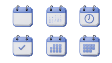 Six 3D calendar icons with various displays symbol