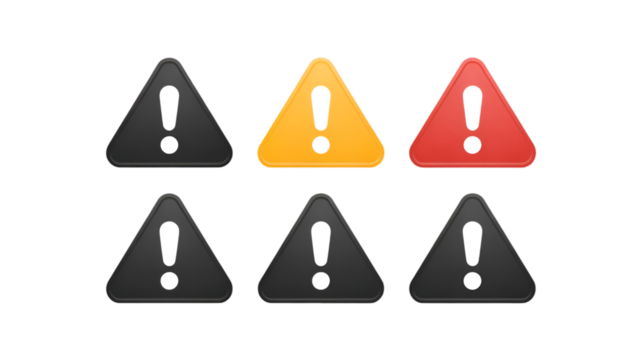 Six warning triangle icons with exclamation marks on black - Powered by Adobe