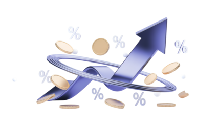 3D growth arrow with coins and percentage signs finance