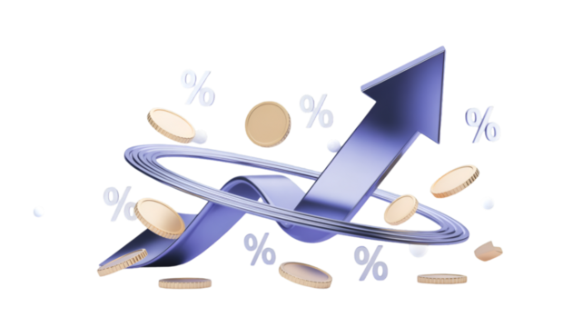 3D growth arrow with coins and percentage signs finance