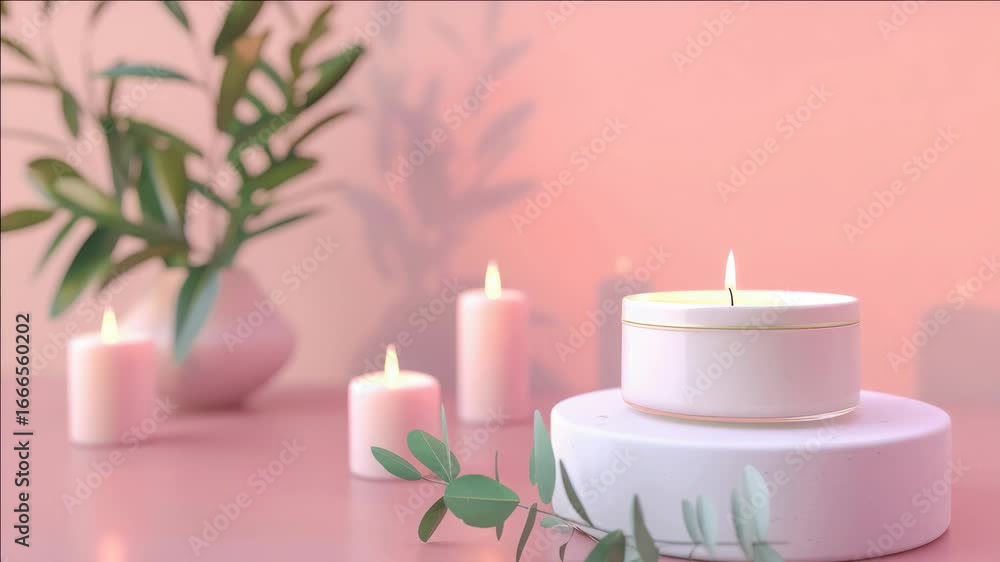 Poster white candles with gold labels arranged in an elegant display, creating a warm and inviting ambiance