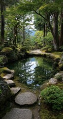 Obraz premium Serene Japanese garden path, reflecting sky