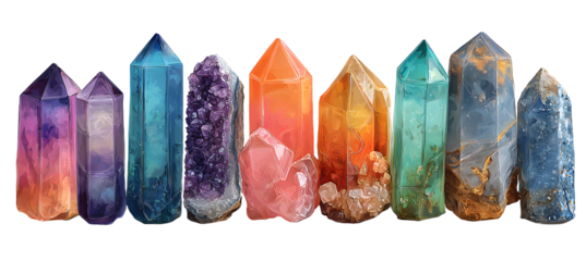 set / collection of colorful spiritual healing crystls isolated over a transpaent background, purple, maenta, teal, orange, grey, uartz meditation, zen semiprecious gemstones,