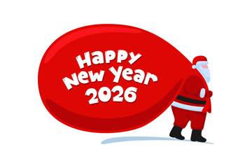Funny cartoon Santa Claus carrying a huge sack of gifts for 2026 winter holidays. Playful festive character illustration for Christmas and New Year card, celebration poster, party banner or decoration