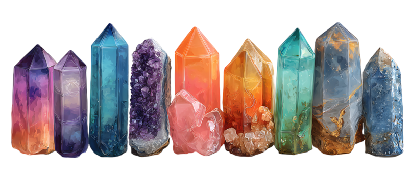 set / collection of colorful spiritual healing crystls isolated over a transpaent background, purple, maenta, teal, orange, grey, uartz meditation, zen semiprecious gemstones,