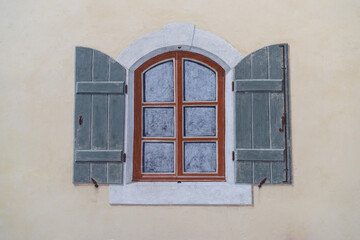 Painted window, Entrevaux village, Provence, France