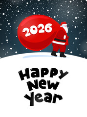 Playful Santa Claus cartoon swinging with big sack of gifts for 2026 winter holidays. Cute Christmas character illustration for greeting card, party banner, festive invitation or holiday decoration.