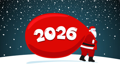 Funny cartoon Santa Claus with white beard and red sack of gifts for 2026 holiday season. Playful festive illustration for Christmas card, celebration banner, party poster or winter holiday decoration