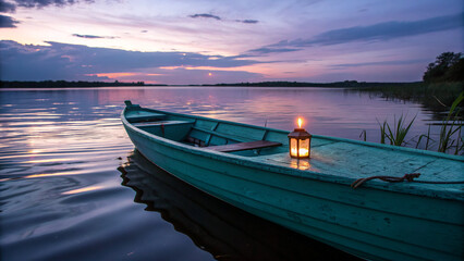 floating candle on teal boat at dusk
