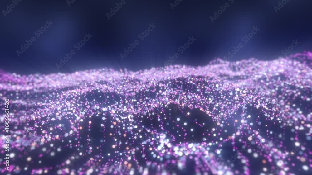 Poster abstract violet and pink glowing dot waves in a smooth flowing pattern over a dark digital backgroun