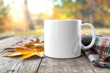 Cozy autumn scene with blank coffee mug and colorful leaves on wooden table