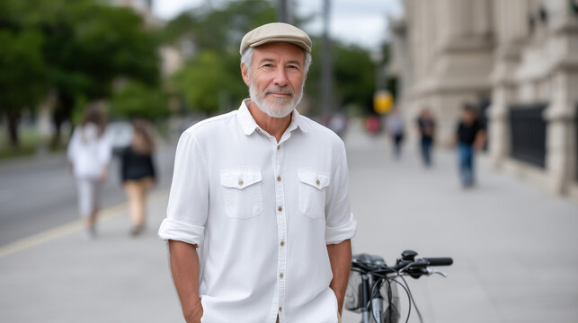 A Hispanic mature man walking with a bicycle on a bustling city street, urban cycling, mature lifestyle, city mobility, active senior, eco-friendly transport - Powered by Adobe