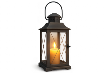 Black metal lantern with burning candle on transparent background
