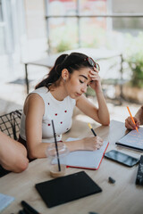 A young individual focused on studying and taking notes, surrounded by a collaborative group...