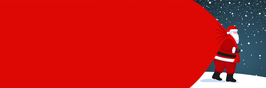 Cute Santa Claus cartoon carrying a big bag of gifts for 2026 Christmas holidays. Playful festive illustration for winter greeting card, seasonal party invitation, poster, decoration or holiday banner