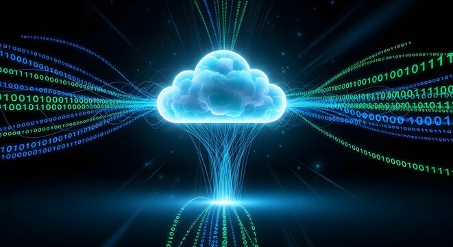 Abstract cloud computing with binary data streams flowing in blue light
