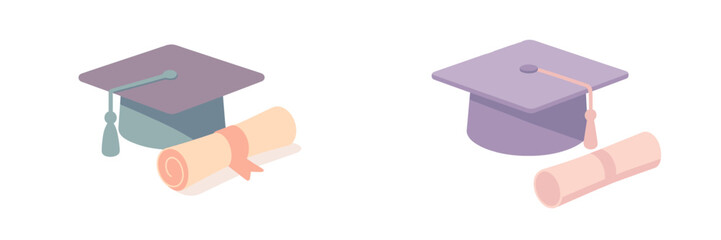 Graduation caps and diplomas in a minimalistic vector style