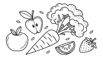 Black and white line drawing of fresh fruits and vegetables including apple carrot and broccoli design