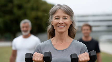 Senior people lifting dumbbells in a park workout session, senior fitness, group exercise, outdoor workout, healthy aging, physical activity