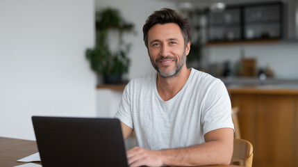 A happy Hispanic man working on a laptop at home with a bright smile, remote work, home office, digital productivity, Hispanic professional, business technology