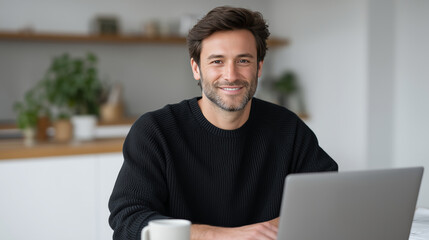 A happy Hispanic man working on a laptop at home with a bright smile, remote work, home office, digital productivity, Hispanic professional, business technology