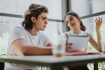 A young man and woman share notes during a collaborative study session in a relaxed cafe setting,...