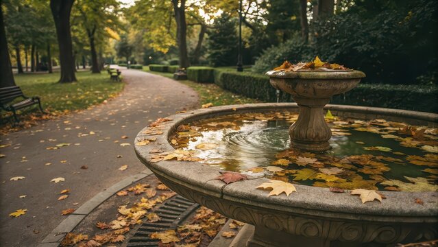 A stone fountain filled with fallen autumn leaves in a peaceful park, surrounded by pathways, benches, and lush green trees.