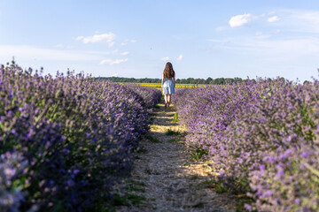 Young girl walking through a lavender field