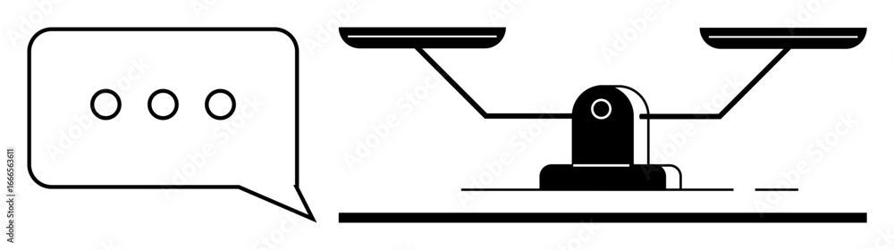 Poster speech bubble with three dots beside balanced scales representing fairness, equality, and dialogue. 