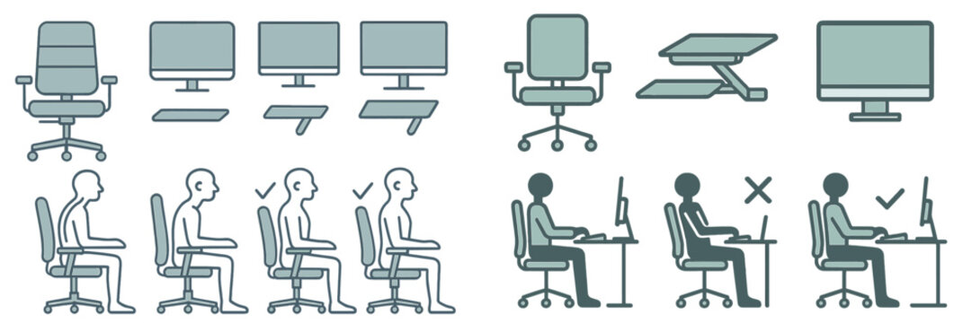 Ergonomic workspace with adjustable furniture and posture tips