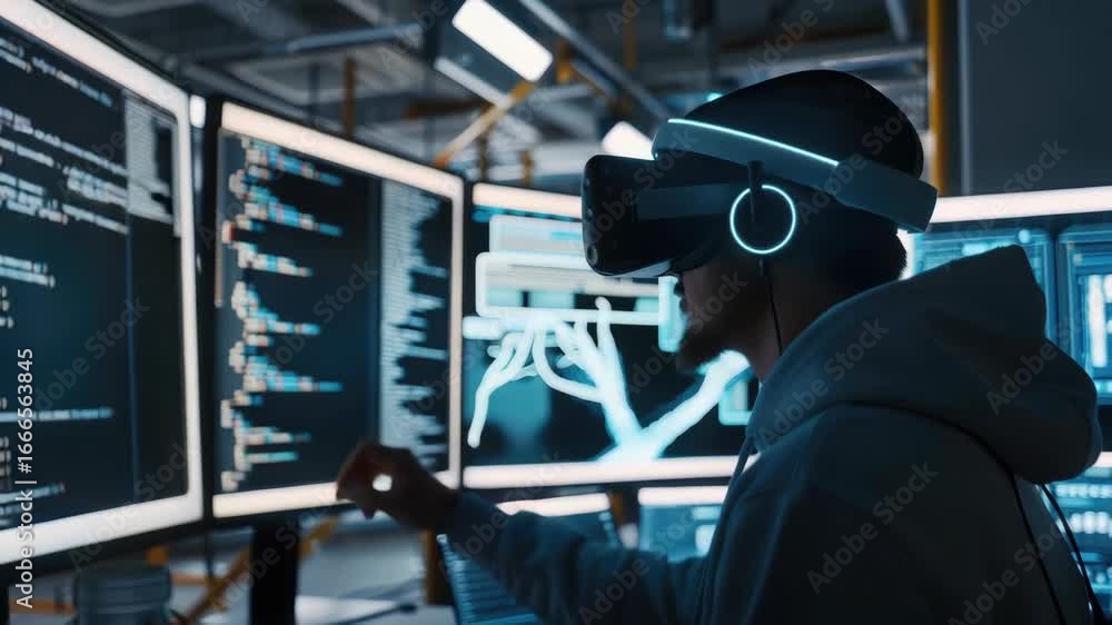 Aufkleber a person wearing a vr headset and operating advanced computer systems, engaged in a high-tech worksp