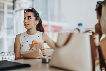 Woman enjoying food while sitting in a relaxed cafe, engaging in conversation. Capturing a candid...