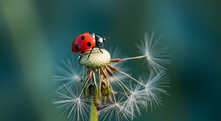 Obraz premium Ladybug on Dandelion Seed Head, Close-up Macro Photography