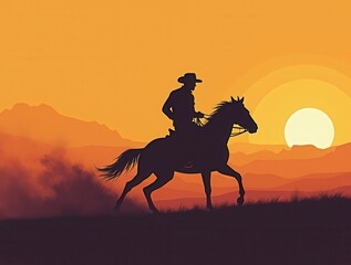 a galloping cowboy silhouette at sunset, dusty trail and bold gradient sky create a nostalgic Western poster mood.