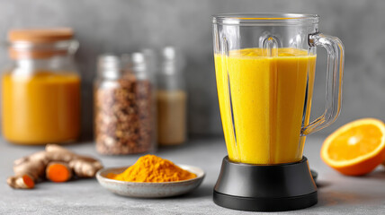 Smoothie in a blender with turmeric, orange, ginger in kitchen.