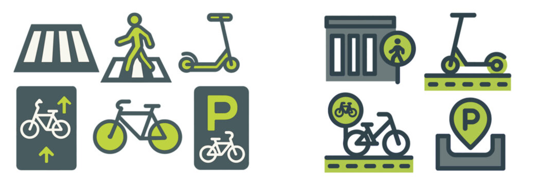 Modern urban transport icons of pedestrians and bikes