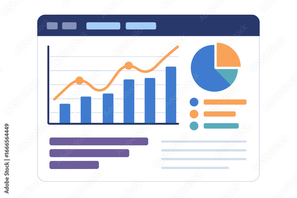 Poster vector illustration of analytical dashboard with charts and graphs