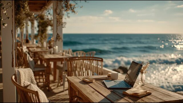 Coastal Cafe Tranquility: A charming outdoor cafe with a laptop and workspace perched on a weathered wooden table, offering an idyllic coastal view.