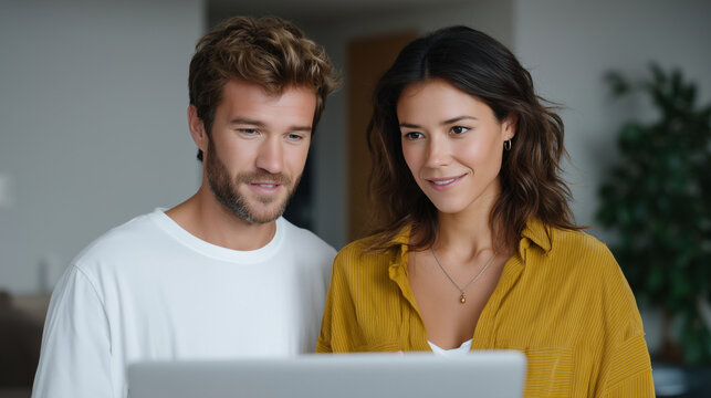 A multiethnic couple using a laptop at home, digital lifestyle, couple collaboration, home technology, modern couple, online productivity
