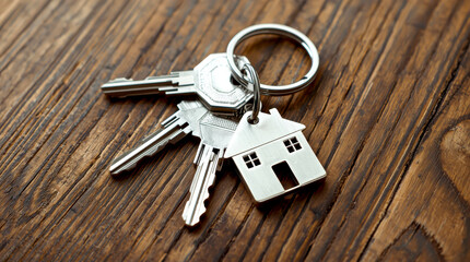 Symbol house key on wooden table. set of shiny silver keys with a house-shaped keychain, lying on a rustic wooden table with a visible grain texture