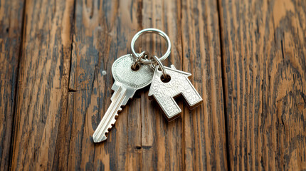 Symbol house key on wooden table. set of shiny silver keys with a house-shaped keychain, lying on a rustic wooden table with a visible grain texture