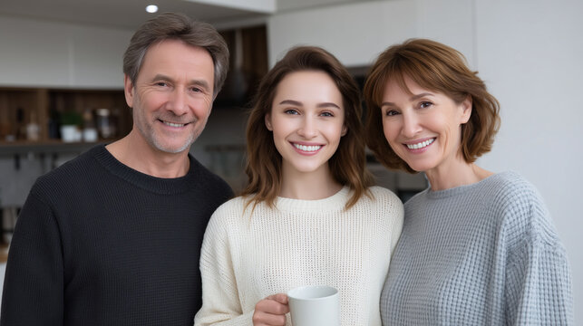 Happy senior parents with their adult daughter drinking tea, family bonding, senior lifestyle, parent-child, home warmth, cozy gathering - Powered by Adobe