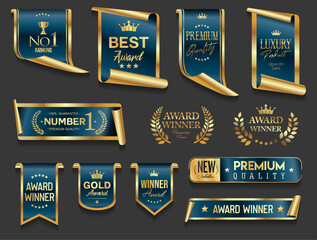 Naklejka na ściany i meble VIP, premium and gold award emblem badges and ribbon blue and gold isolated on gray background