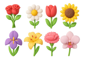 Cute 3d cartoon flowers set with roses, daisies, tulips, sunflowers, and more