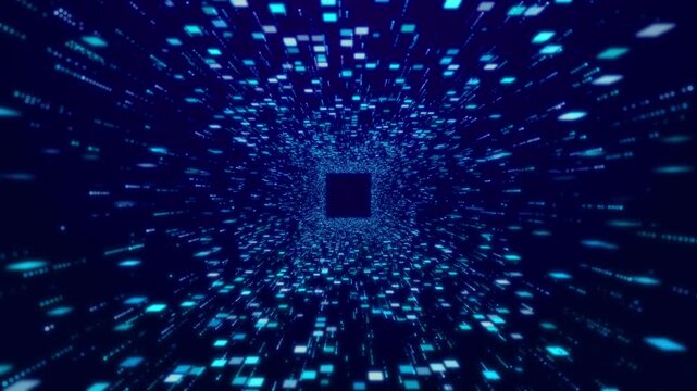 Glowing digital tunnel scattered blue particles. light streaks, pixel blocks, data symbols enhances immersive tech journey feel, ideal for cyber themes, futuristic simulations, virtual space visuals.
