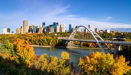 Fototapeta premium Autumnal city skyline with bridge over a river.