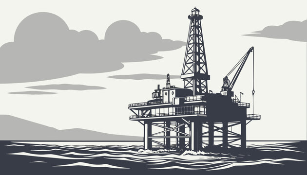 Illustration of an offshore oil rig platform with a derrick in the ocean under a cloudy sky drawing