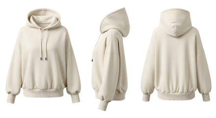 Beige hoodie front side and back view on white backgroun